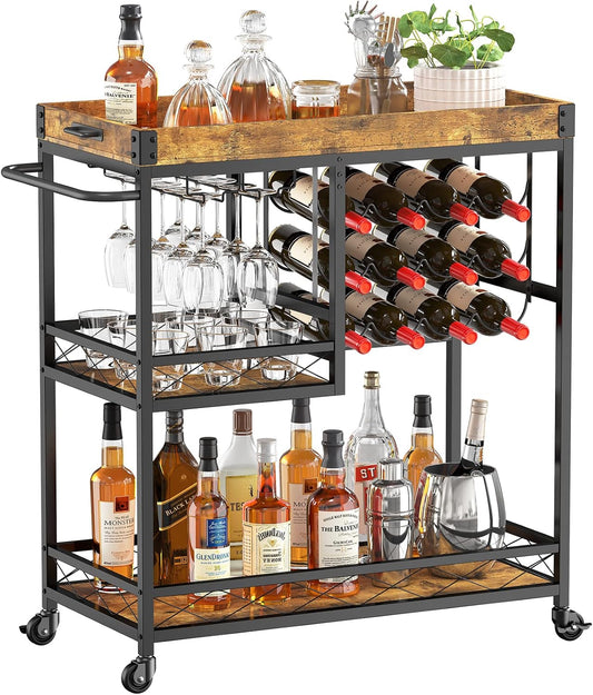 Bar Cart, Home Bar Serving Cart, 3 Tier Drink Cart with 12 Wine Bottle Racks, Liquor Beverage Cart for Kitchen Dining Livingroom, 31.5" X 15.7" X 36.6", Removable Top Tray, Rustic Brown