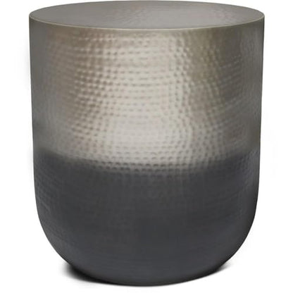 Small Boho End Table for Living Room, Round Accent Bed Side Table for Small Spaces, Narrow Metal Nightstand, Unique Rustic Circle Telephone Table for Sofa Side, Antique Silver and Black Gradient Ombre