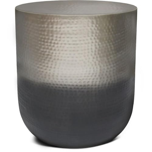 Small Boho End Table for Living Room, Round Accent Bed Side Table for Small Spaces, Narrow Metal Nightstand, Unique Rustic Circle Telephone Table for Sofa Side, Antique Silver and Black Gradient Ombre