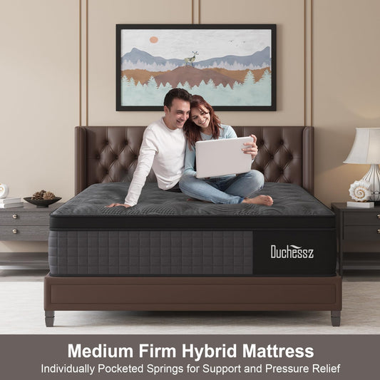 Queen Mattress, 14 Inch Hybrid Mattresses Black with Gel Memory Foam and Individually Pocket Innerspring Euro Top Medium Firm for Motion Isolation, Edge Support, 100 Night Trial