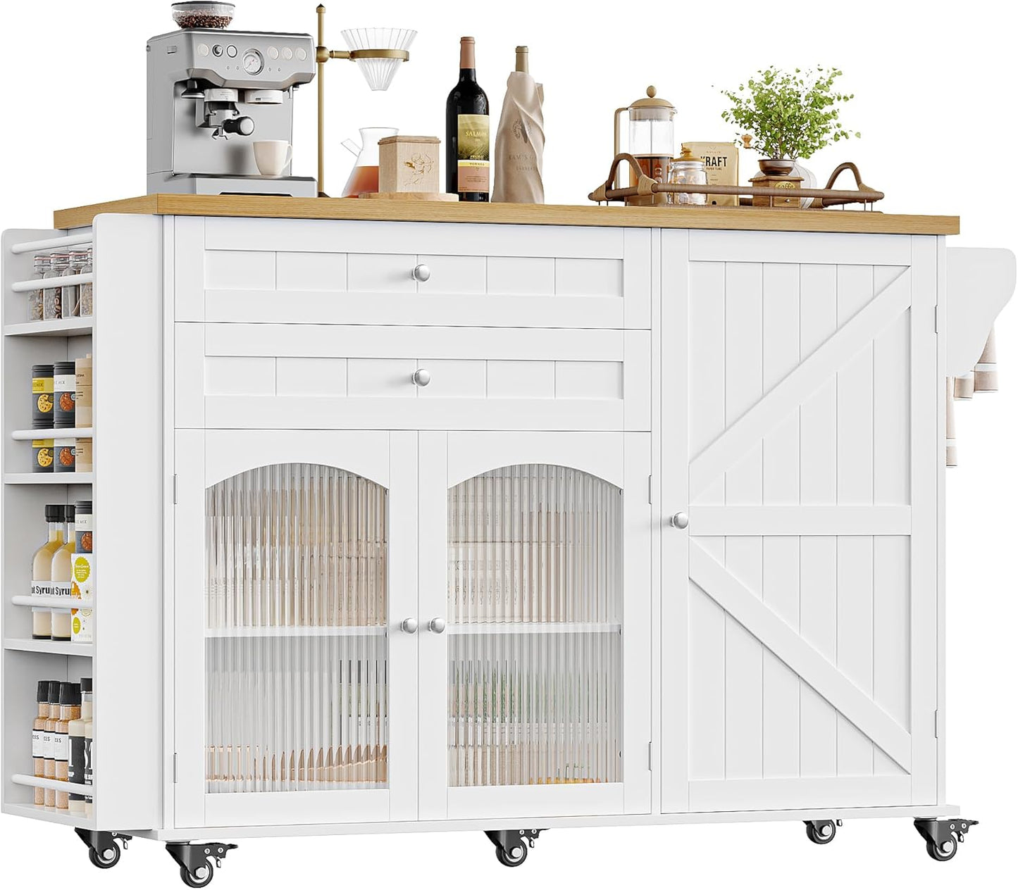 Kitchen Island with Storage, Rolling Kitchen Island on Wheels with Wood Drop Leaf Countertop, Island Table Bar Cart with Spice Towel Rack Portable Kitchen Table Kitchen Carts on Wheels