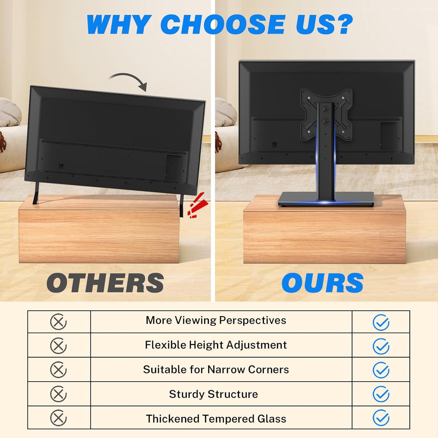 Universal Swivel Tabletop TV Stand for Flat Screens 23 24 26 32 39 40 42 43 Inch, Heavy Duty Center Pedestal Stand Replacement with Black Tempered Glass Base and Height Adjustable Mount