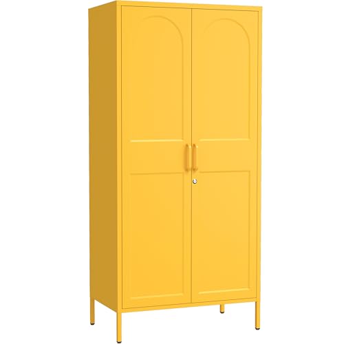Lockable Yellow Tall Metal Wardrobe 67 Inch, Vintage Arched Door Steel Storage Cabinet with Adjustable Shelves & Leveling Feet for Home Office Bedroom Size：67" H x 31.5" W x 18.1" D