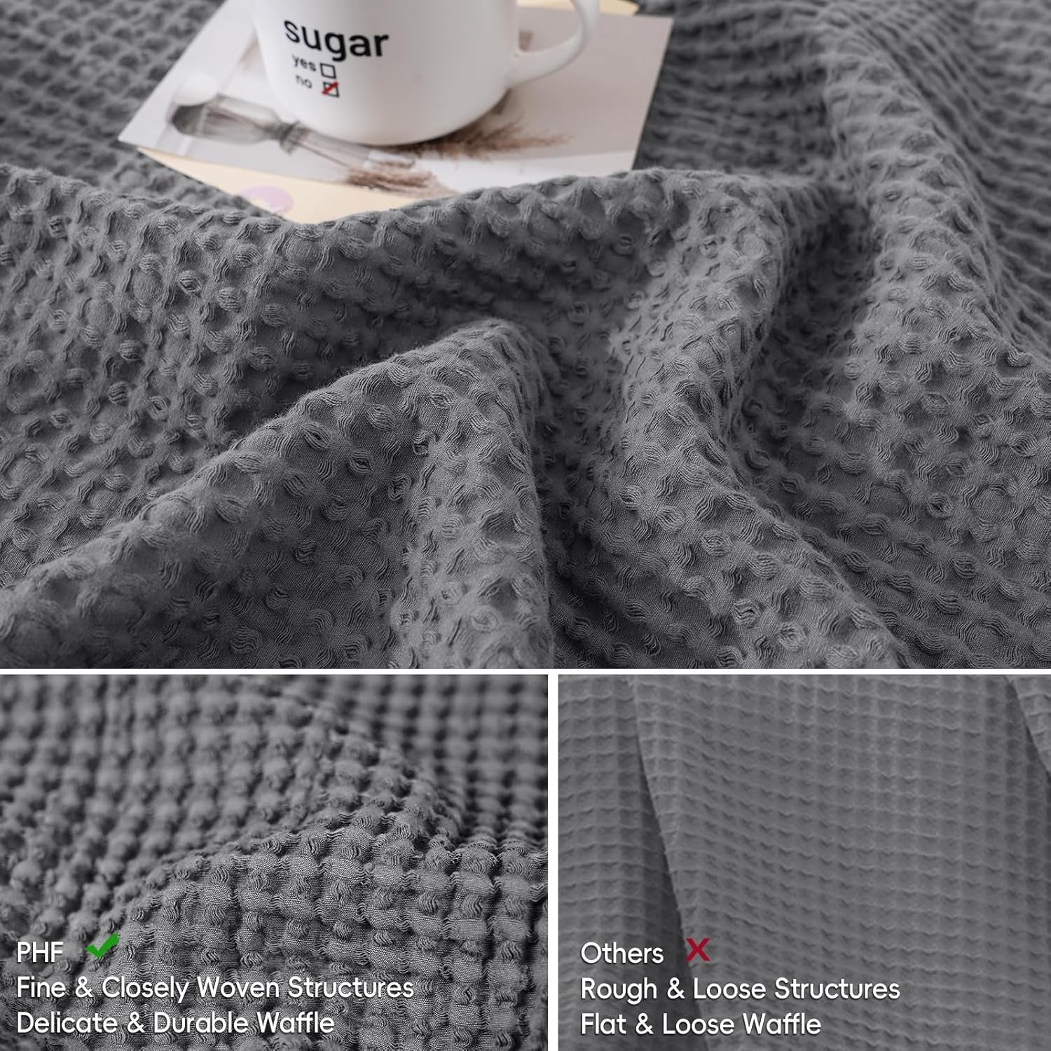 100% Cotton Waffle Pillow Shams King Size, 2 Pack 20" X 36" Soft Skin-Friendly and Breathable Pillowcases, No Filling, Aesthetic Woven Waffle Weave Pillow Covers for Bed, Charcoal Grey
