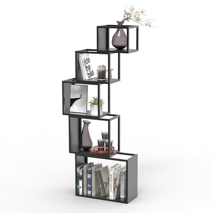 5-Tier Black Unique Metal Bookshelf – 49.2" Modern Bookcase for Books, CDs, view 2