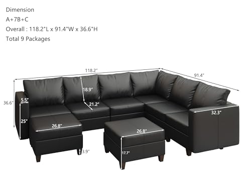 Faux Leather Sectional Sofa with Storage,Large U Shaped Faux Leather Modular Couch Sofa, Black