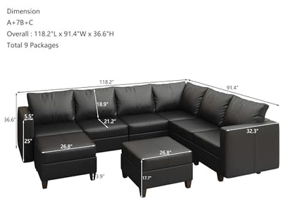Faux Leather Sectional Sofa with Storage,Large U Shaped Faux Leather Modular Couch Sofa, Black