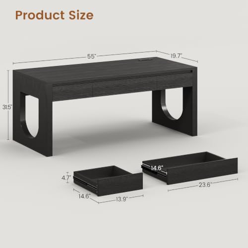 55" Modern Executive Office Desk with 3 Drawers, Black, view 4