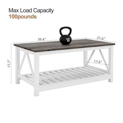 Farmhouse Coffee Table, White Oak Coffee Table for Living Room, 2-Tier Rectangular Wooden Centre Cocktail Table with Slats Shelf Storage and V-Shaped Frame Modern Coffee Oak Grey