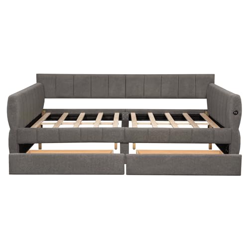 Queen Size Upholstered Daybed Sofa Bed with 2 Drawers, Lambswool Upholstered Platform Bed with USB for Bedroom Living Room Guest Room (Gray-@045)