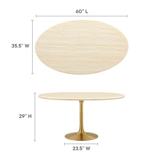 Lippa 60Inch Oval Dining Table Faux Travertine Stone Gold Finish Modern Kitchen Room Entertaining Home Furniture Quality Stylish Elegant Durable Refined Versatile