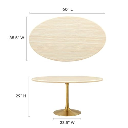 Lippa 60Inch Oval Dining Table Faux Travertine Stone Gold Finish Modern Kitchen Room Entertaining Home Furniture Quality Stylish Elegant Durable Refined Versatile