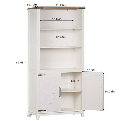5 Tier Bookshelf 70in Tall Bookcase with Barn Doors and Storage Cabinet, view 3