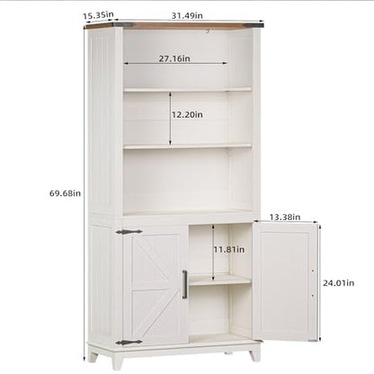 5 Tier Bookshelf 70in Tall Bookcase with Barn Doors and Storage Cabinet, view 3