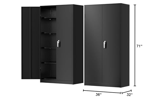 Metal Storage Cabinet with Lock, Steel Garage Storage Cabinet with 2 Doors and Adjustable Shelves, File Organization for Office, Home, Garage, School (Black)