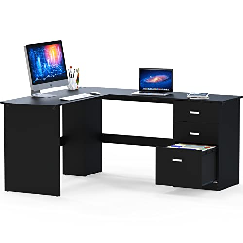 51 x 59 Inches L-Shaped Home Office Wood Corner Desk with Box Box File Drawers, Black