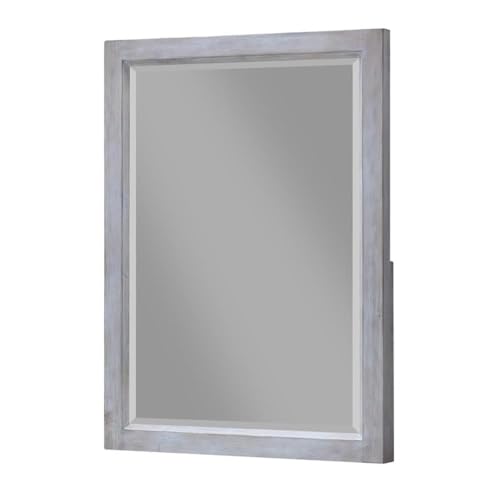 Contemporary Wood Rectangular Mirror, Grey/White Finish, 33 in Wide, Beveled Edge, Framed Design, Dresser Mount, Transitional Style for Living Room or Bedroom Decor
