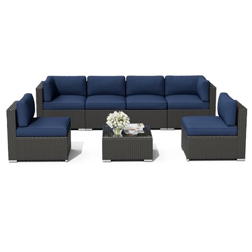 7-Piece Outdoor Patio Furniture Sofa Set Black Rattan Wicker Sectional Conversation Sets with Glass Top Table and Cushions(Dark Blue)