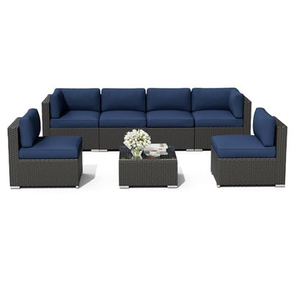 7-Piece Outdoor Patio Furniture Sofa Set Black Rattan Wicker Sectional Conversation Sets with Glass Top Table and Cushions(Dark Blue)