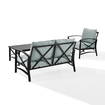 Crosley Furniture KO60014BZ-MI Kaplan Outdoor Metal 3-Piece Seating Set (Loveseat, Arm Chair, Coffee Table), Oiled Bronze with Mist Cushions