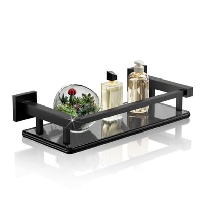Glass Shelves for Bathroom Wall, Tempered Glass Bathroom Shelf Wall Mounted, Modern Space Saving Floating Shelves 12 inch, Matte Black