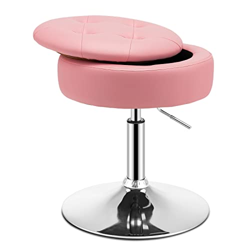 Vanity Stool with Storage, 360° Swivel PU Leather Vanity Chair, 20” to 26” Height Adjustable Makeup Stool with Flipped Lid, Modern Round Storage Ottoman for Living Room Bedroom, Pink