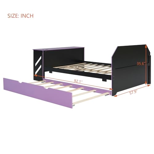 JIVOIT Full Size Daybed with Twin Size Trundle, Wood Daybed with Desk and Cable Management, Stylish Gaming-Inspired Design Sofa Bed, No Box Spring Needed