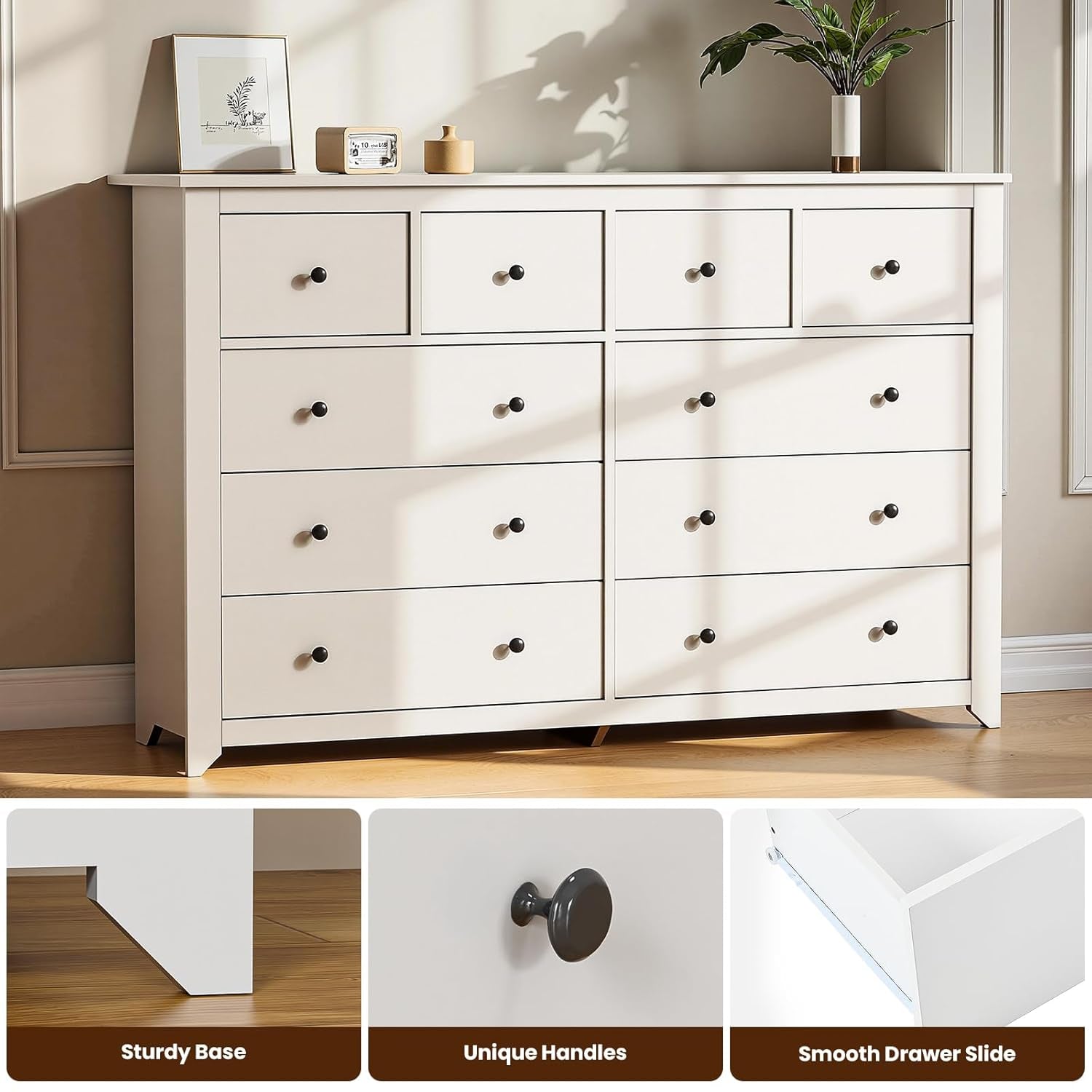 White 10 Drawer Dresser, 52" Large Wide Chest of Drawers, Wooden Dresser Storage Cabinet with 10 Drawers for Bedroom, Long White Dressers for Nursery, Living Room, Hallway
