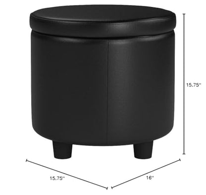 Designs4Comfort Round Accent Storage Ottoman in Black Faux Leather Fabric