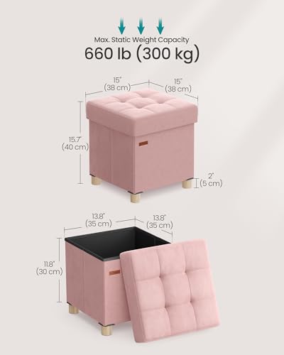 SONGMICS Small Storage Ottoman, Folding Ottoman Cube, 15 x 15 x 15.7 Inches, Footstool, Footrest, 10 Gal. (37 L), Velvet Surface, for Bedroom, Living Room, Dorm, Jelly Pink ULSF0516R01