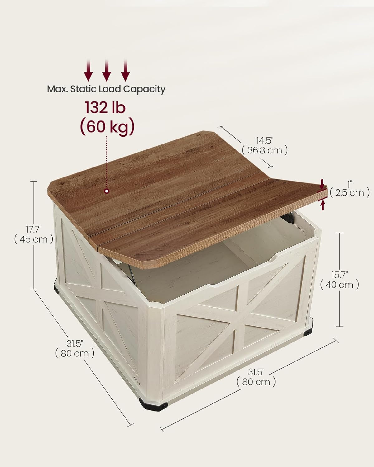 LIRY Collection - Farmhouse Coffee Table with Storage, Square Center Coffee Table for Living Room, with Hidden Compartment, Flip-Top Lids, Honey Brown and Rustic White ULCT232W73