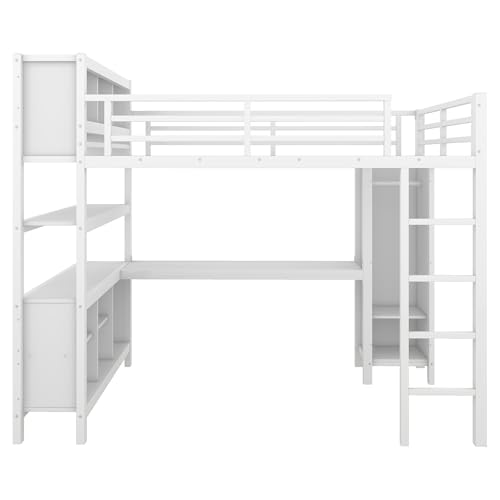 JIVOIT Full Size Loft Bed with L-Shaped Desk, Storage Cubes and Shelves, Heavy Duty Metal Loft Bed with Wardrobe for Kids Teens Adults, No Box Spring Needed (White/ Full,76)