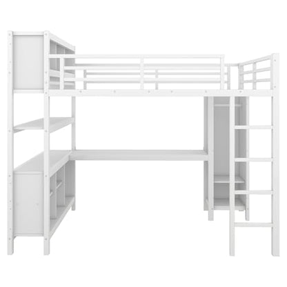 JIVOIT Full Size Loft Bed with L-Shaped Desk, Storage Cubes and Shelves, Heavy Duty Metal Loft Bed with Wardrobe for Kids Teens Adults, No Box Spring Needed (White/ Full,76)