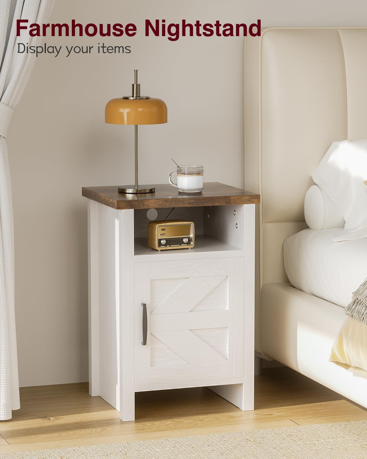 Farmhouse Modern Nightstand with Shelf and Barn Door, Set of 2 for Bedroom, White
