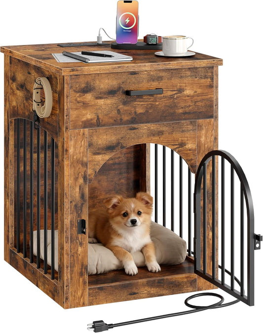 Dog Crate Furniture, Wooden Dog House with Charging Station and Storage Drawer, Indoor Pet Crate End Table for Small Breeds, for Living Room, Bedroom, Rustic Brown MGW01UFG
