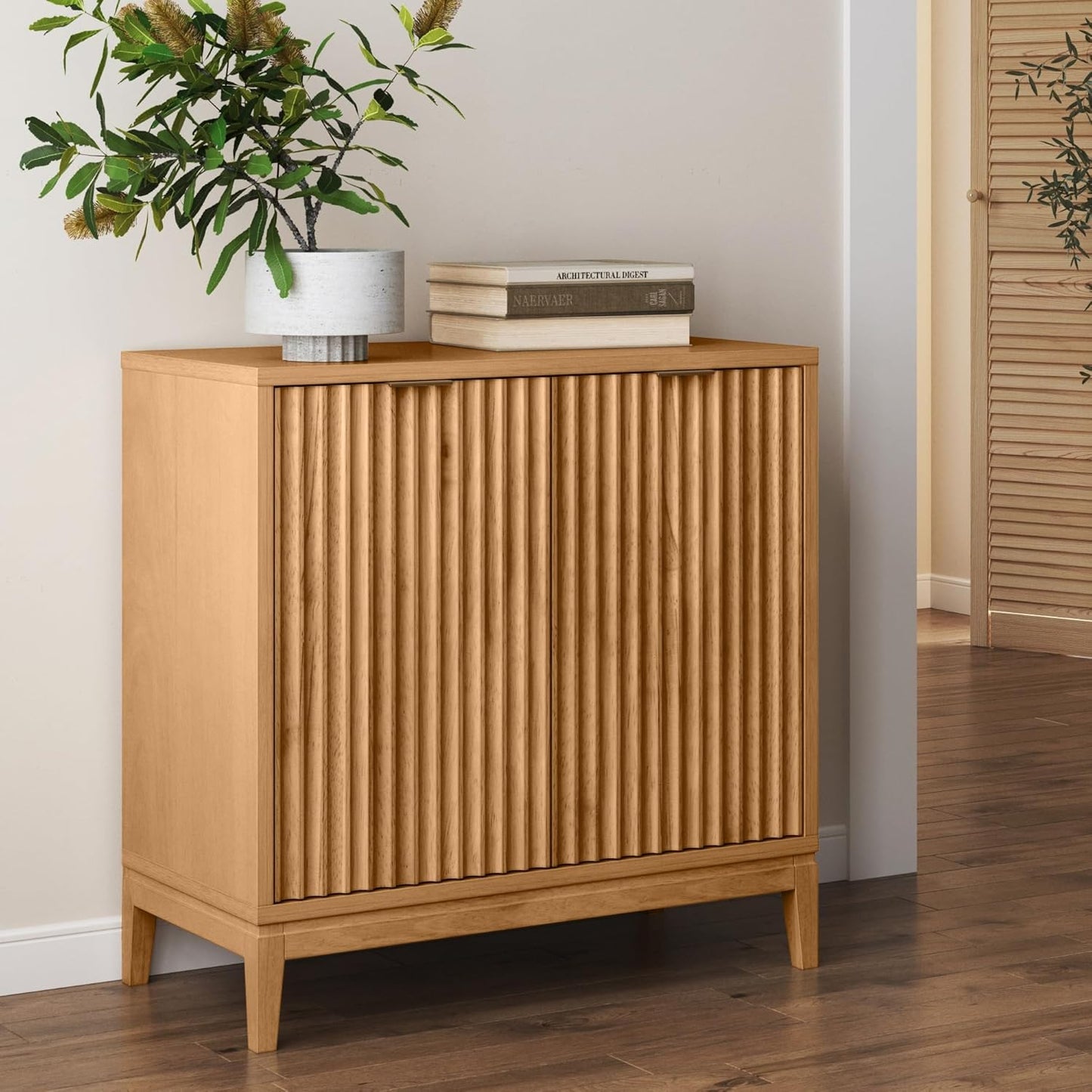 Jasper Mid-Century Modern Storage Cabinet and Matching End Table, Warm Pine and Natural Brown