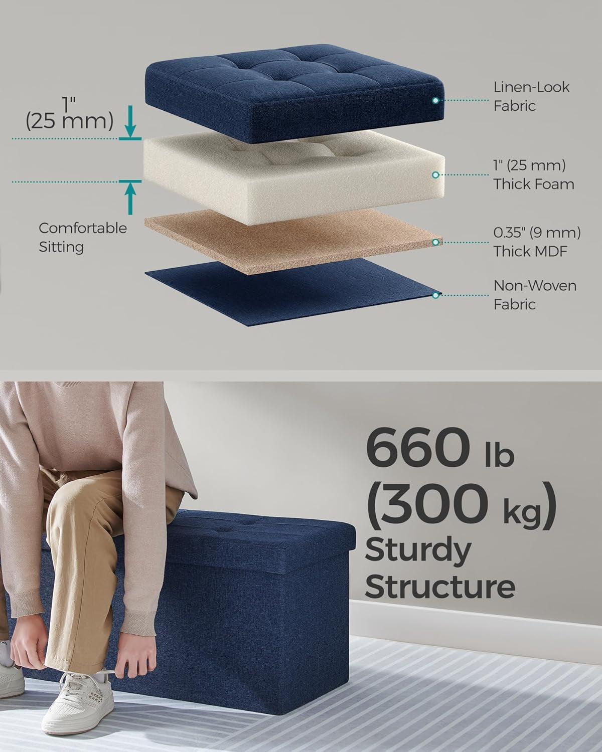 Mazie Collection - 43 Inches Storage Ottoman, Foldable Storage Bench with Flipping Lid, 660 Lb Load Capacity, for Entryway, Living Room, Bedroom, Midnight Blue ULSF076Q02