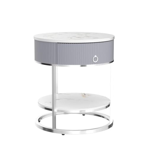 End Table with Sintered Stone Tabletop, Side Table with Drawer, Silver | 2 Tier Nightstand with Shelf, Round Table, Storage, Shelf, Chrome Legs, Marbling Natural Stone, Living Room, Bedroom, Office