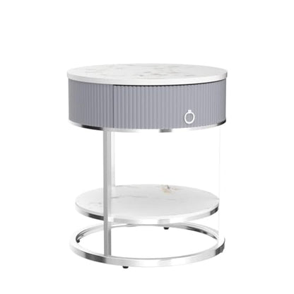 End Table with Sintered Stone Tabletop, Side Table with Drawer, Silver | 2 Tier Nightstand with Shelf, Round Table, Storage, Shelf, Chrome Legs, Marbling Natural Stone, Living Room, Bedroom, Office
