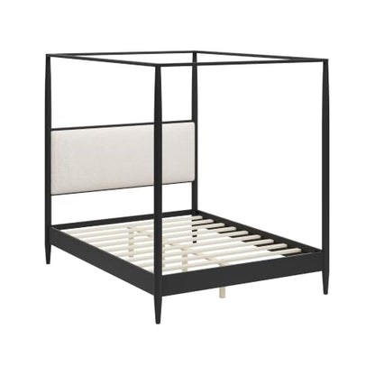 Queen Size Wood Canopy Bed with Upholstered Headboard, Black, view 7