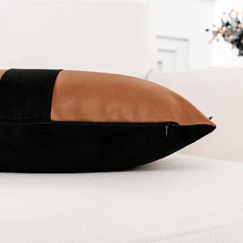 Set of 2 Black and Brown Decorative Throw Pillow Covers 20x20 Inch Faux Leather and Velvet Patchwork Pillow Cover,Modern Farmhouse Accent Pillow Case for Living Room Couch Bed Boho Home Decor