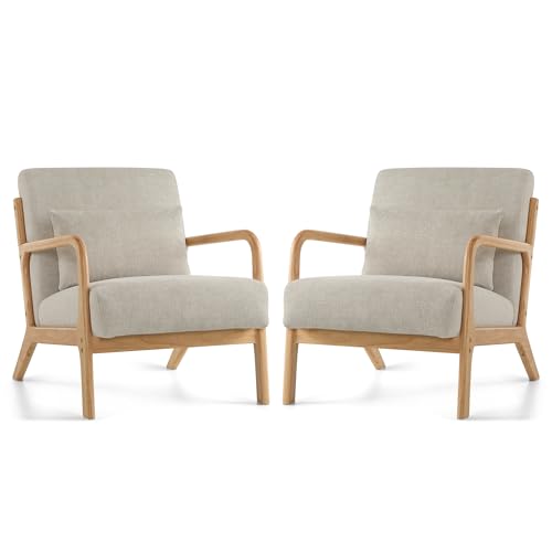 Mid Century Modern Accent Chair Set of 2, Upholstered Chair for Living Room, Accent Chair with Lumbar Pillow Solid Wood Frame Reading Chair Armchair for Bedroom Small Spaces, Grey