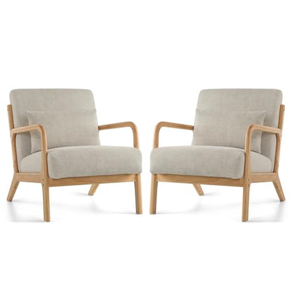 Mid Century Modern Accent Chair Set of 2, Upholstered Chair for Living Room, Accent Chair with Lumbar Pillow Solid Wood Frame Reading Chair Armchair for Bedroom Small Spaces, Grey