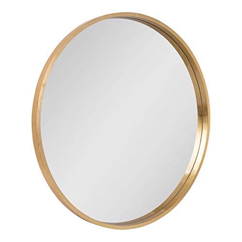 Travis Round Wood Wall Mirror, 31.5" Diameter, Gold, Modern Glam Wall Décor Accent