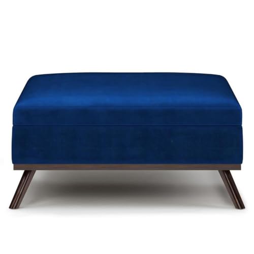 36" Coffee Table Storage Ottoman, Blue Velvet Upholstery, Mid Century Style, Solid Wood Base, Hydraulic Lift-Up Lid with Child Safety Hinge, Large Interior Storage, Living Room Furniture