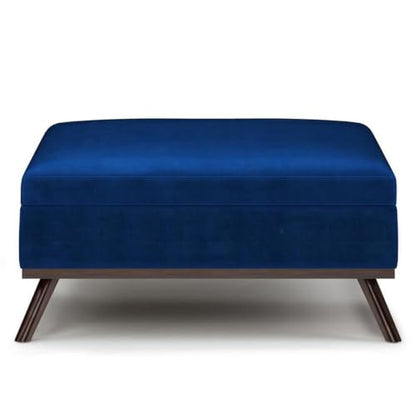 36" Coffee Table Storage Ottoman, Blue Velvet Upholstery, Mid Century Style, Solid Wood Base, Hydraulic Lift-Up Lid with Child Safety Hinge, Large Interior Storage, Living Room Furniture