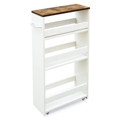 Slim Rolling Storage Cart, Wood 4-Tier Narrow Kitchen/Laundry Cart, view 2