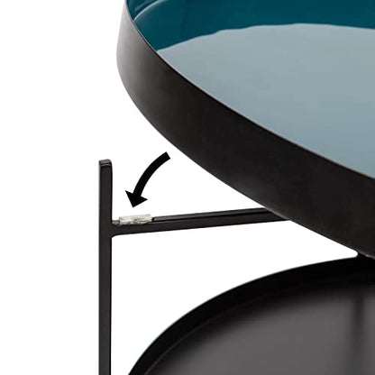 Nira Modern Round Two Tier Coffee Table; 26 Inch Diameter; Teal and Black; Decorative Glam Coffee Table for Storage and Display
