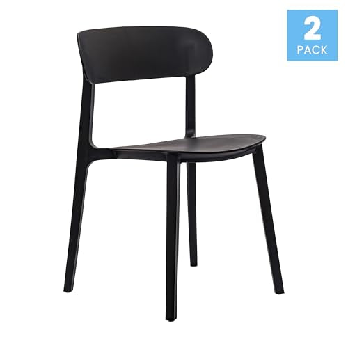 Dover Patio Chair with Curved Backrest and Contoured Seat, Commercial All-Weather Stacking Resin Chair, UV Resistant, Indoor-Outdoor, Black, Set of 2