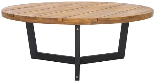 SAFAVIEH Outdoor, Leo Round Coffee Table, Natural & Black, Solid Wood, view 2